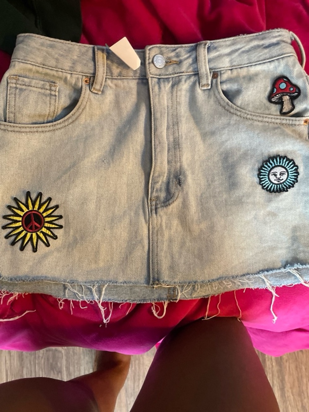 PacSun Light Blue Denim Mini Skirt with Embroidered Patches